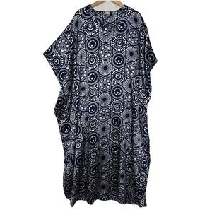 Sante Classics OS Blue‎ White Geometric Print Satin Kaftan MuuMuu House Dress